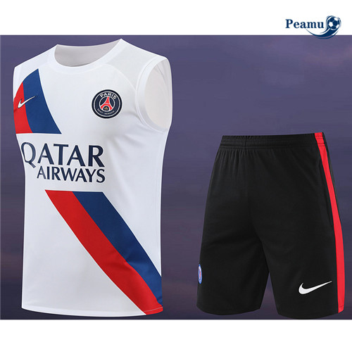 Peamu - Maillot foot Kit Entrainement Paris PSG Debardeur + Shorts Blanc 2024-2025 Soldes