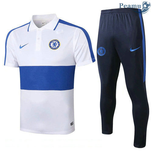 Kit Maillot Entrainement POLO Chelsea + Pantalon Blanc/Bleu 2020-2021