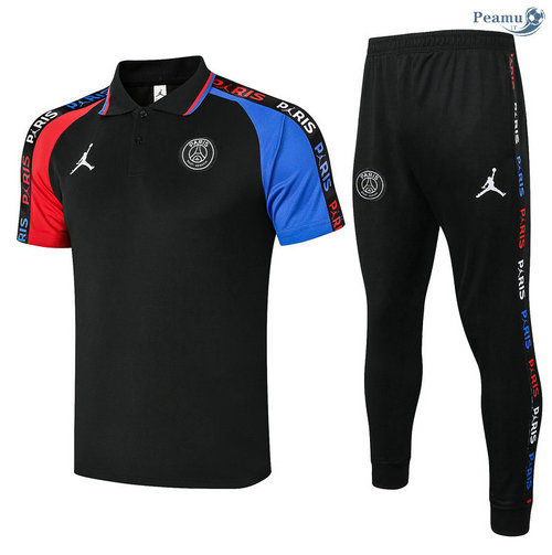 Kit Maillot Entrainement POLO PSG Jordan + Pantalon Noir manche Rouge/Bleu 2020-2021
