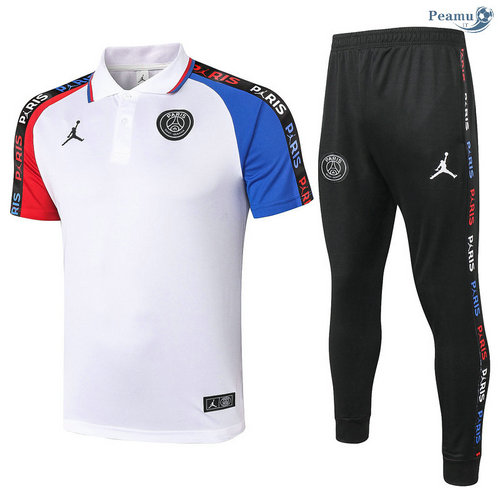 Kit Maillot Entrainement POLO PSG Jordan + Pantalon Blanc manche Rouge/Bleu 2020-2021