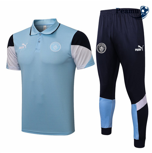 Peamu - Kit Maillot Entrainement foot Polo Manchester City + Pantalon Bleu Clair 2021-2022