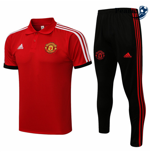 Peamu - Kit Maillot Entrainement foot Polo Manchester United + Pantalon Rouge/Blanc 2021-2022