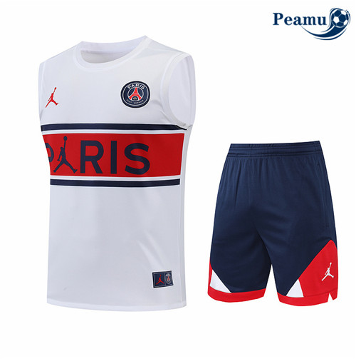 peamu.fr - Maillot foot Kit Entrainement Foot Paris PSG Debardeur + Pantalon Blanc 2022-2023 F163