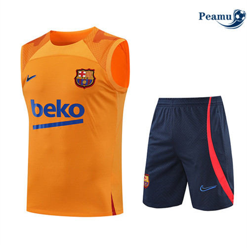 Peamu - Maillot Kit Entrainement Foot Barcelone Debardeur + Pantalon Orange/Bleu Marine 2022-2023