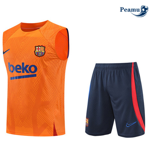 Peamu - Maillot Kit Entrainement Foot Barcelone Debardeur + Pantalon Orange/Bleu Marine 2022-2023