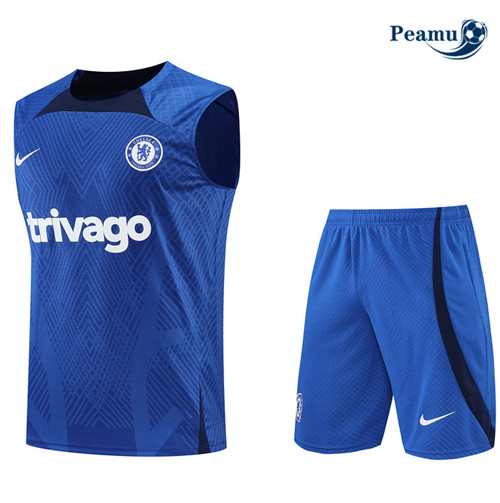 Peamu - Maillot Kit Entrainement Foot Chelsea Debardeur + Pantalon Bleu 2022-2023