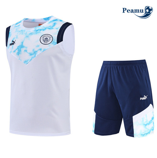 Peamu - Maillot Kit Entrainement Foot Manchester City Debardeur + Pantalon Blanc/Bleu 2022-2023