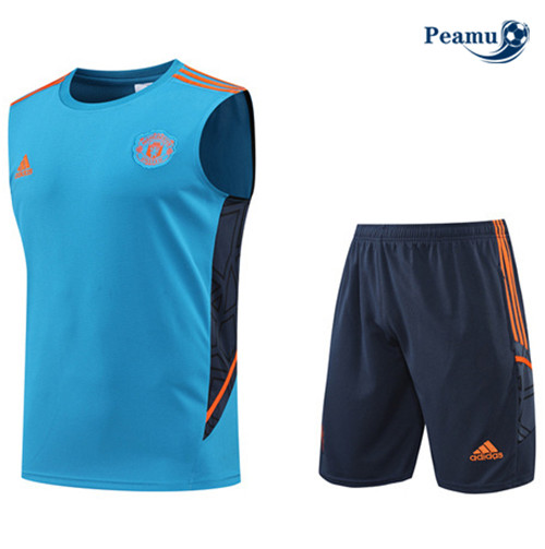 Peamu - Maillot Kit Entrainement Foot Manchester United Debardeur + Pantalon Bleu 2022-2023
