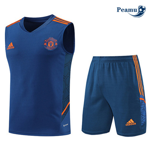 Peamu - Maillot Kit Entrainement Foot Manchester United Debardeur + Pantalon Bleu 2022-2023