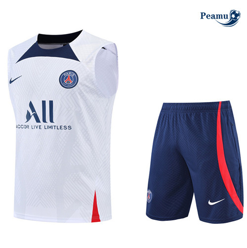 Peamu - Maillot Kit Entrainement Foot Paris PSG Debardeur + Pantalon Blanc/Bleu 2022-2023