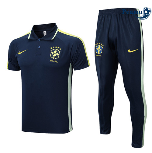 Peamu - Maillot Kit Entrainement Foot Brésil Polo + Pantalon Bleu 2023/2024 personnalisé