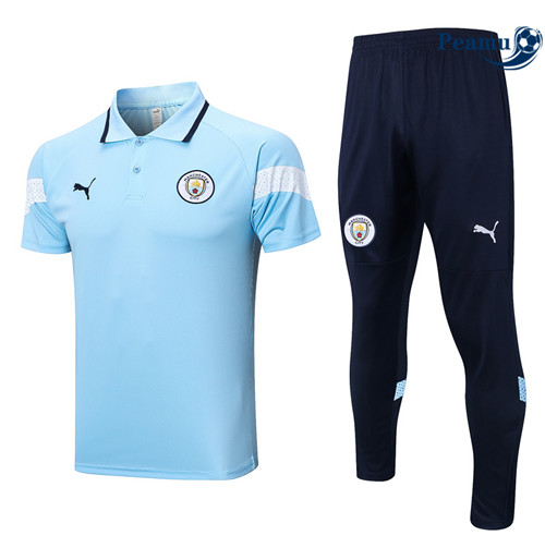 Peamu - Maillot Kit Entrainement Foot Manchester City Polo + Pantalon Bleu 2022/2023 Soldes