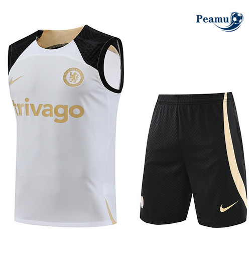 Peamu - Maillot foot Kit Entrainement Chelsea Debardeur + Shorts Blanc 2023/24 Original