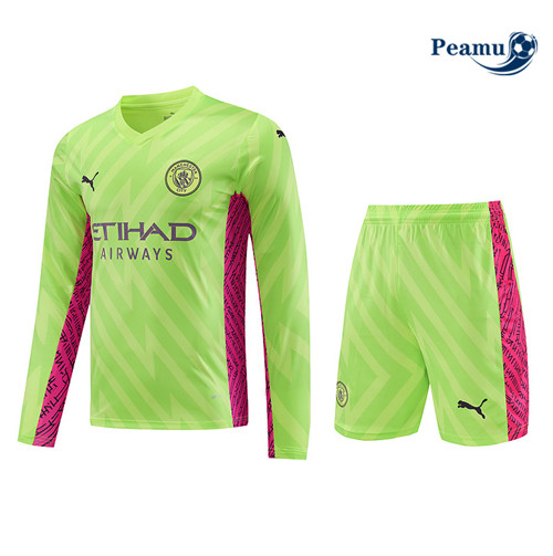 Peamu - Maillot foot Kit Entrainement Manchester City Manche Longue + Shorts 2023/24 Vert 2023/24 personnalisé