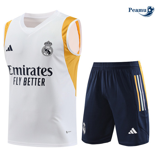Peamu - Maillot foot Kit Entrainement Real Madrid Debardeur + Shorts Blanc 2023/24 Officiel