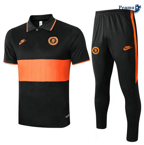 Kit Maillot Entrainement Chelsea polo + Pantalon Noir/Orange 2020-2021