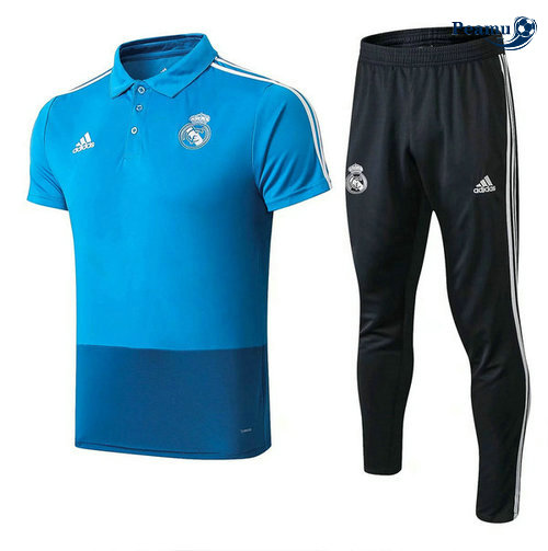 Kit Maillot Entrainement POLO Real Madrid + Pantalon Bleu clair/Noir 2019-2020