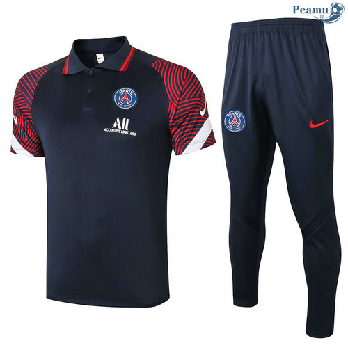 Kit Maillot Entrainement Polo PSG + Pantalon Bleu Marine/Rouge 2020-2021